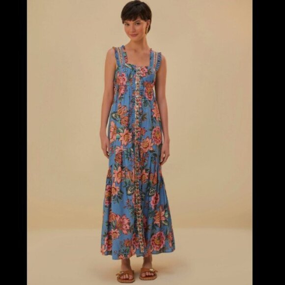 NWT Farm Rio Wonderful Bouquet Blue Sleeveless Maxi Dress Size Medium - Picture 3 of 17